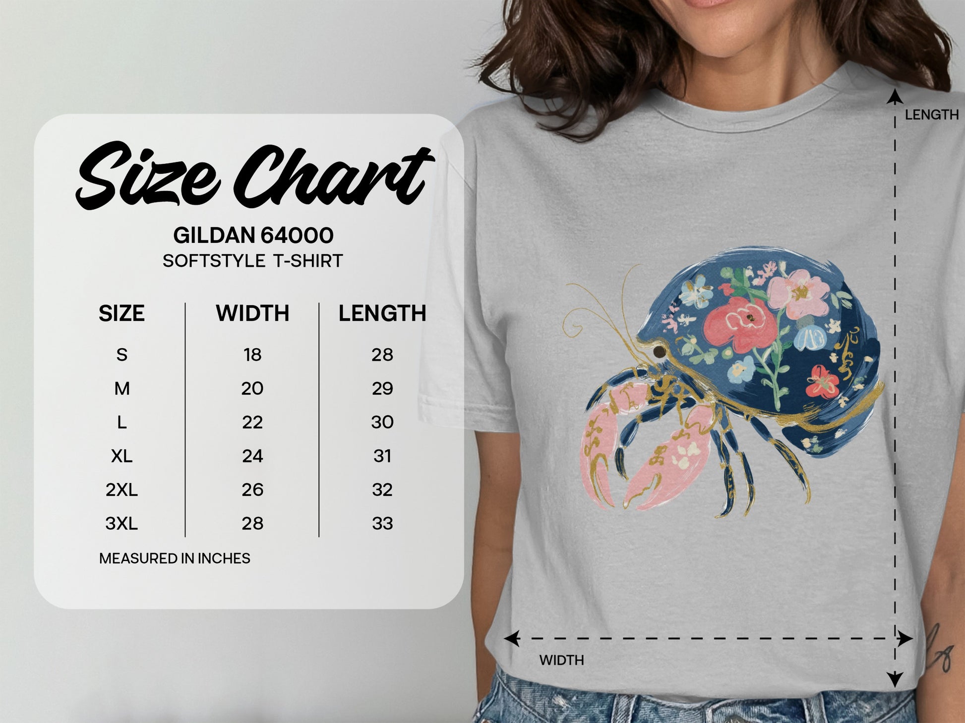 Gildan 64000 softstyle t-shirt size chart in inches.