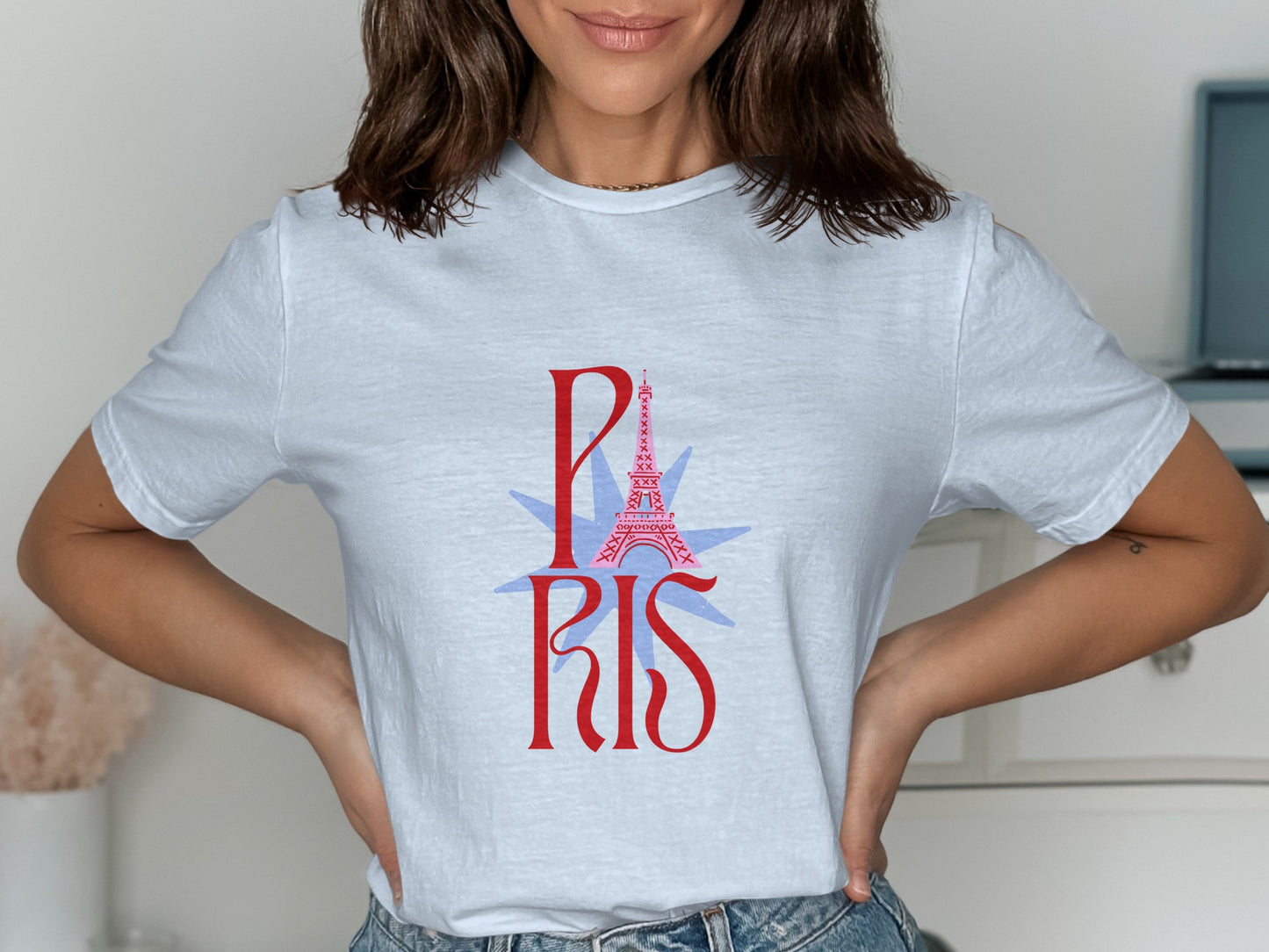 White t-shirt with "PARIS" and Eiffel Tower graphic.