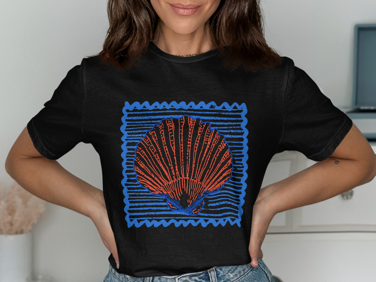 Vibrant Seashell Graphic on Black T-Shirt product type