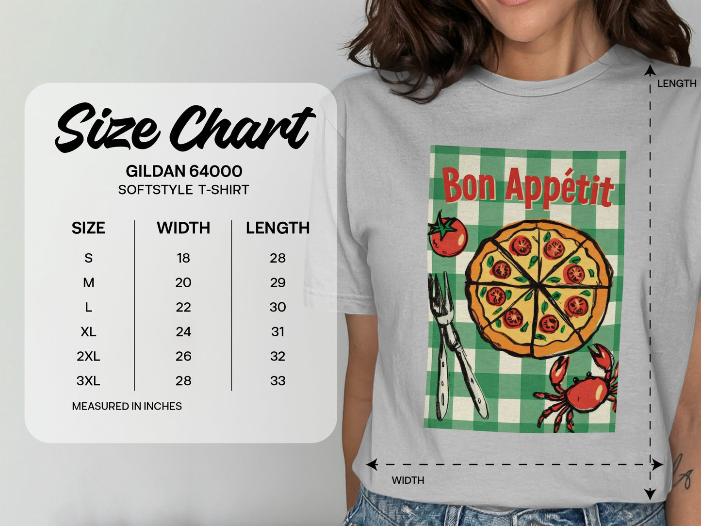 Gildan 64000 Softstyle T-shirt size chart with pizza and crab illustration.