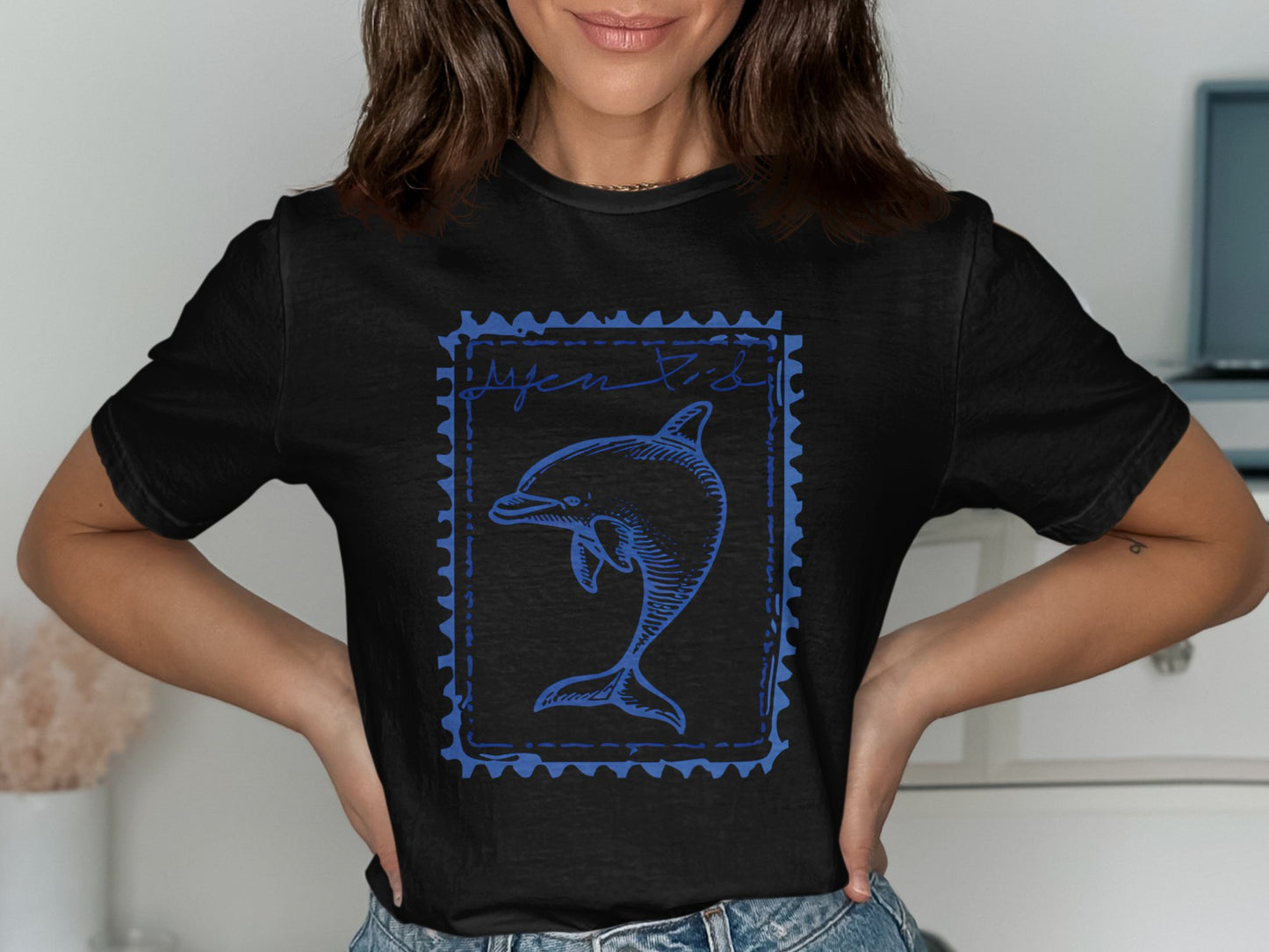 Black Tshirt with Dolphin Stamp Design product type