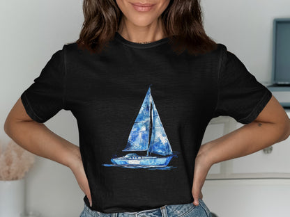 Blue Sailboat Design on Black T-shirt product