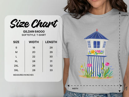Gildan 64000 Softstyle T-shirt size chart with measurements in inches.