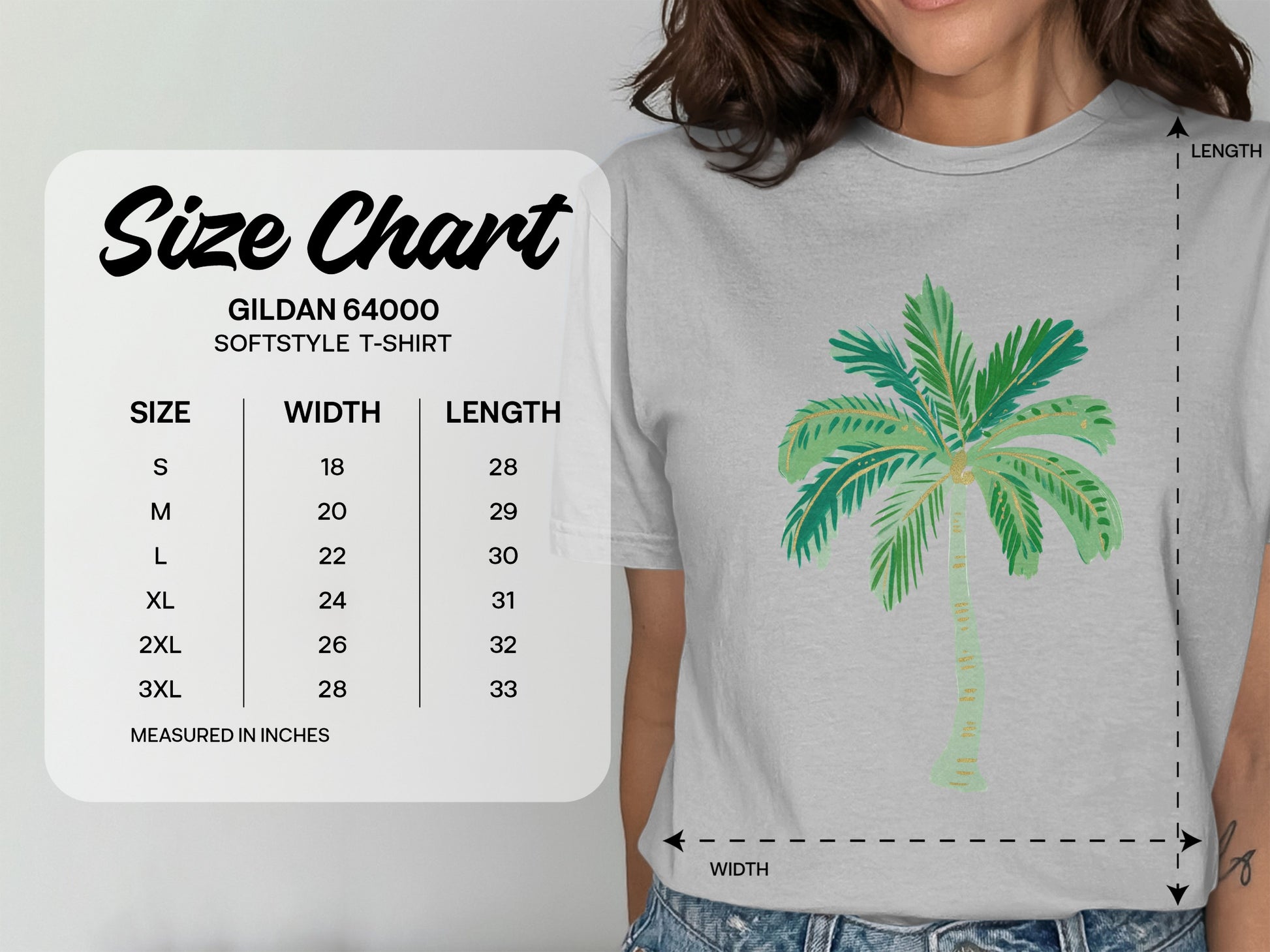 Gildan 64000 Softstyle t-shirt size chart with palm tree graphic.