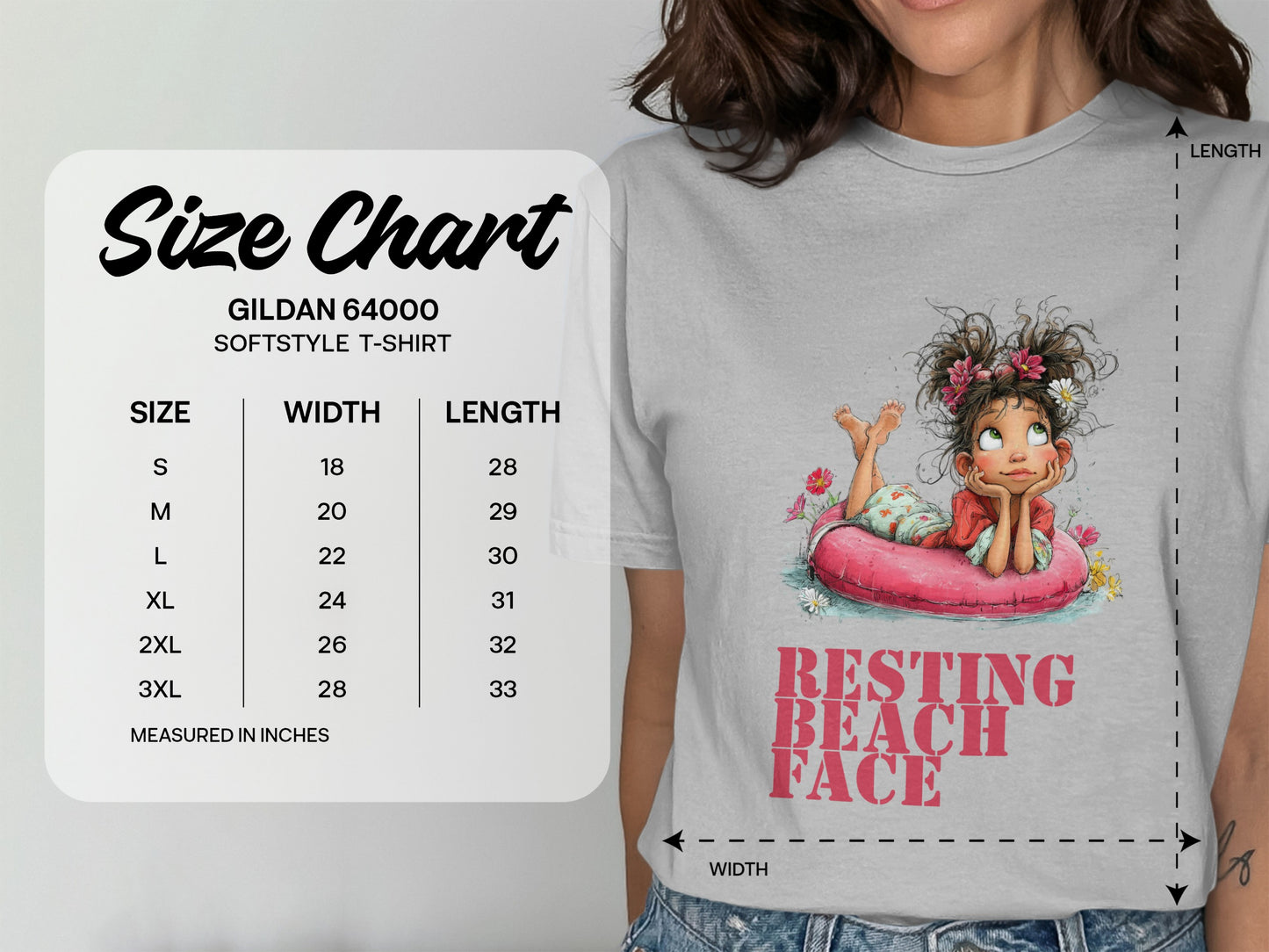 Gildan 64000 Softstyle T-shirt size chart with a graphic of a girl relaxing.