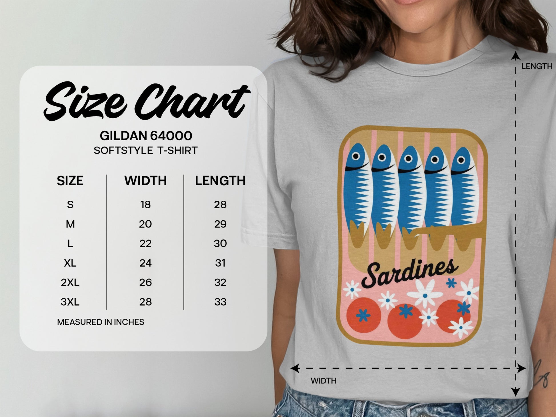 Gildan 64000 t-shirt size chart with measurements and sardine graphic.