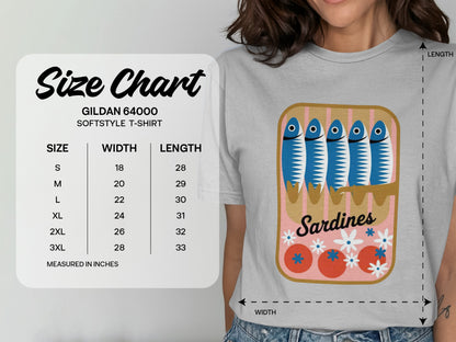 Gildan 64000 t-shirt size chart with measurements and sardine graphic.