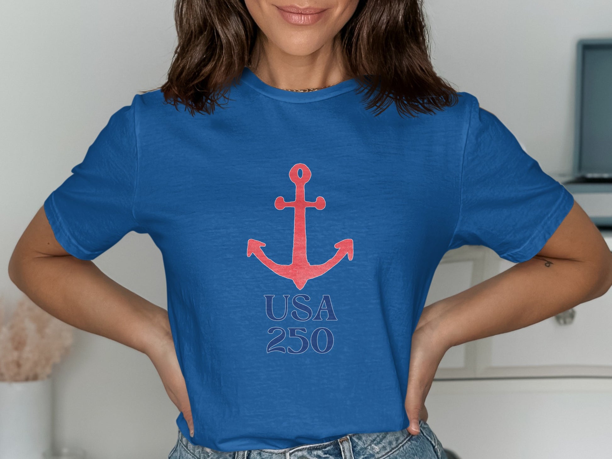 Blue t-shirt with red anchor and "USA 250" text.