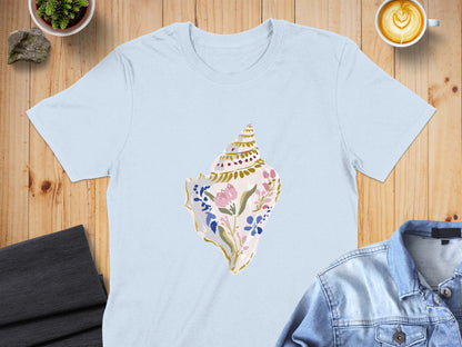Light blue t-shirt with watercolor seashell and floral design.