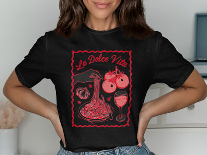 Black t-shirt with "La Dolce Vita" text and graphic of pasta, tomatoes, and wine.