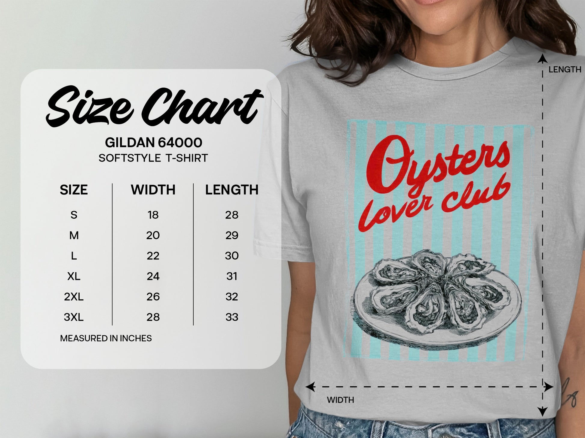 Gildan 64000 softstyle t-shirt size chart with "Oysters Lover club" graphic.