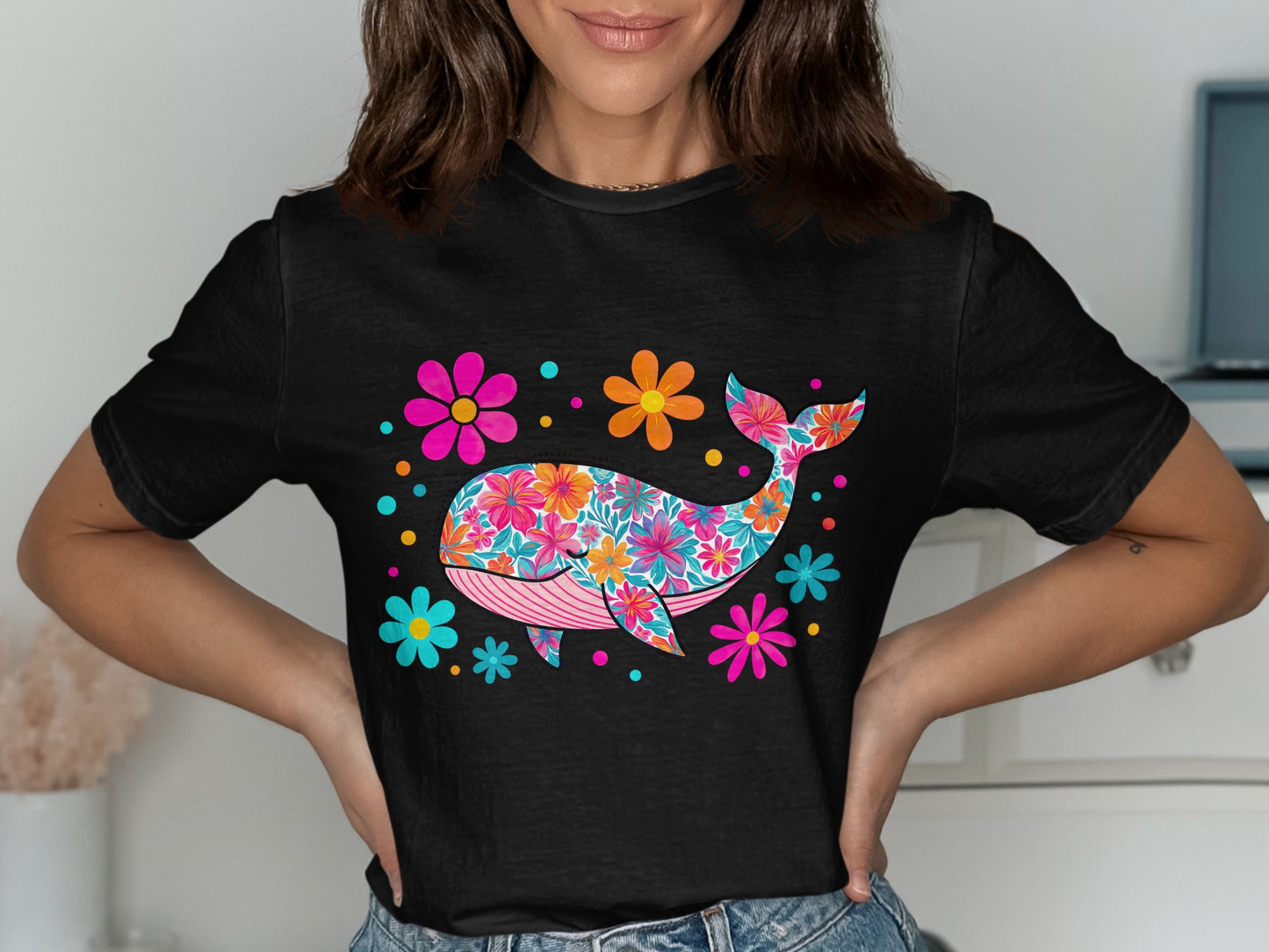 Colorful Floral Whale Design Graphic T-Shirt product type