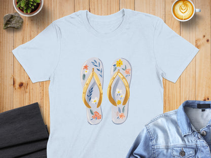 Light blue t-shirt with a floral flip-flop graphic.