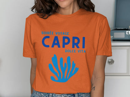 Orange t-shirt with "Capri Dolce Vita" and blue coral graphic.