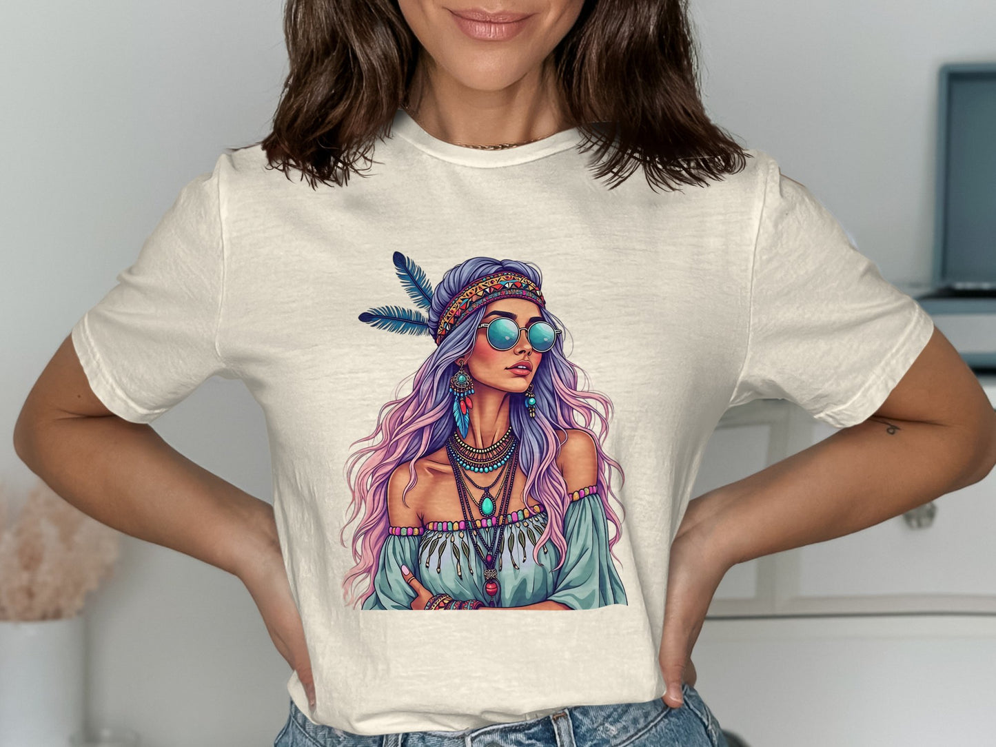 Bohemian Chic Graphic Tee with Feather Accessory product