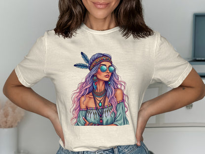 Bohemian Chic Graphic Tee with Feather Accessory product