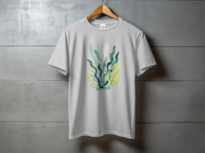 White t-shirt with abstract green and blue seaweed design.