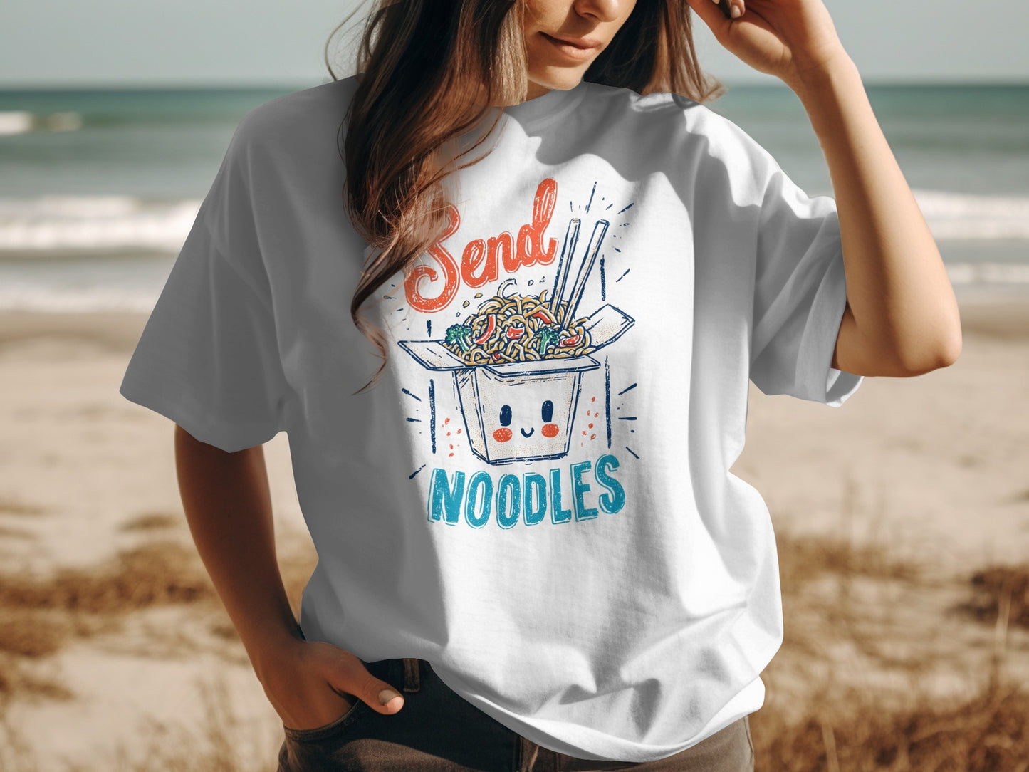 White t-shirt with "Send Noodles" and a cartoon noodle box.