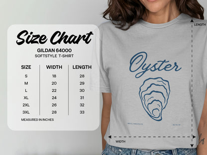 Gildan 64000 softstyle t-shirt size chart with measurements.