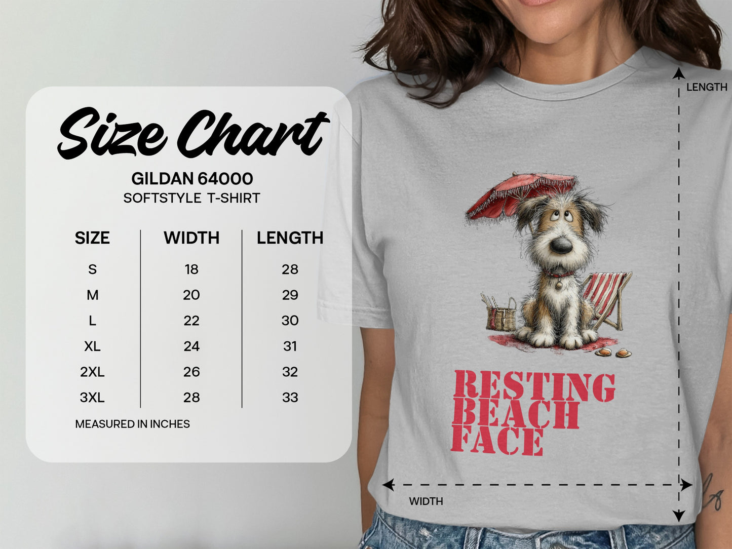 Gildan 64000 softstyle t-shirt size chart with dog graphic and "RESTING BEACH FACE" text.