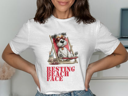 White t-shirt with illustration of a dog in a lounge chair wearing sunglasses.