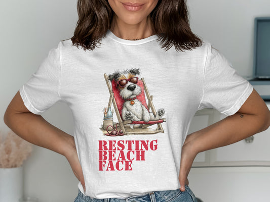 White t-shirt with illustration of a dog in a lounge chair wearing sunglasses.