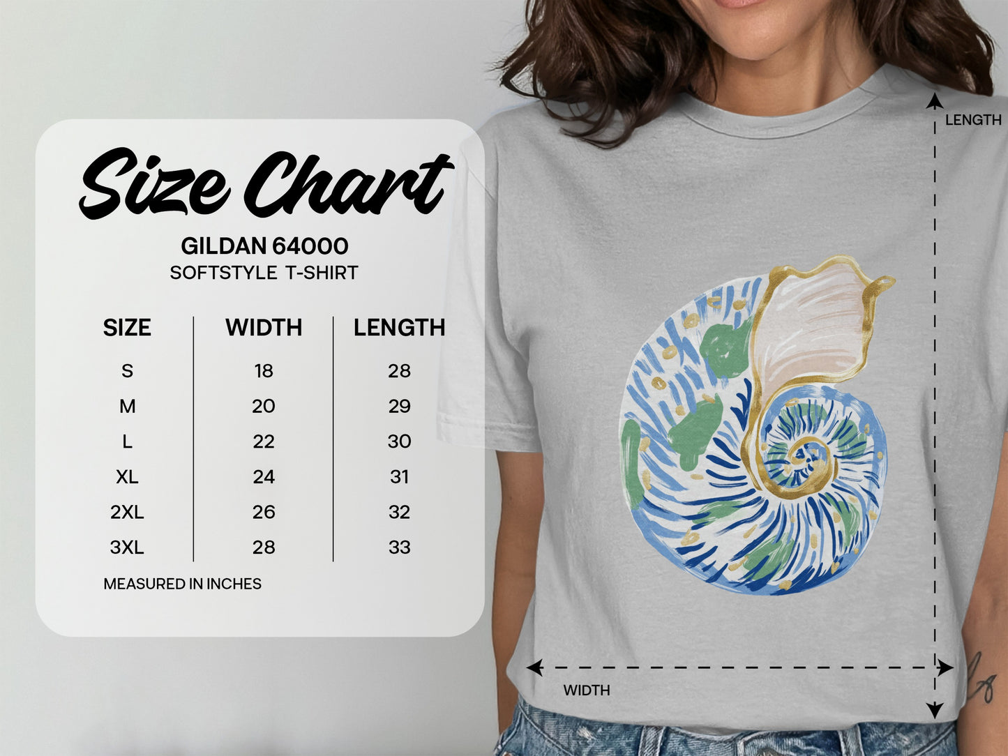 Gildan 64000 Softstyle T-Shirt size chart for S-3XL in inches.