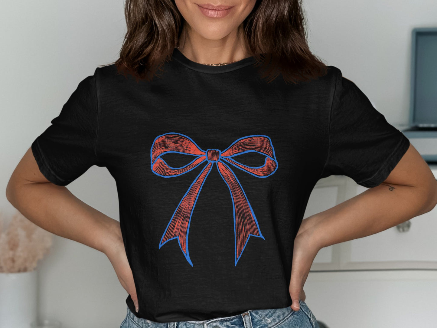 Stylish Black T-shirt Featuring Red Blue Ribbon product