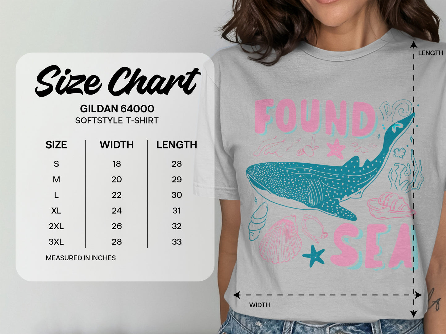 Gildan 64000 size chart for softstyle t-shirt, showing measurements in inches.