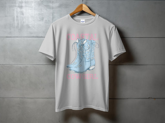 Light blue t-shirt with "Coastal Cowgirl" text and a cowboy boot graphic.