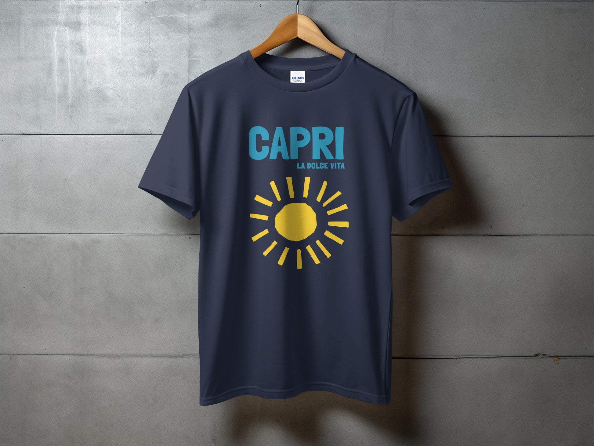 Navy blue t-shirt with "CAPRI LA DOLCE VITA" and a yellow sun graphic.