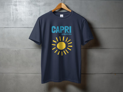 Navy blue t-shirt with "CAPRI LA DOLCE VITA" and a yellow sun graphic.