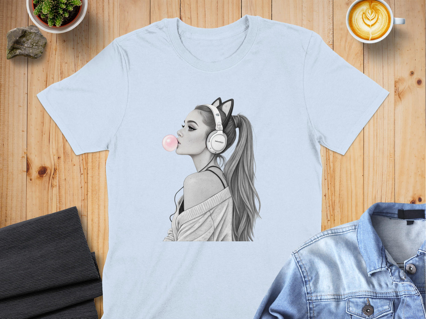 Cat Ear Headphones Girl Blow Bubblegum Graphic T-Shirt