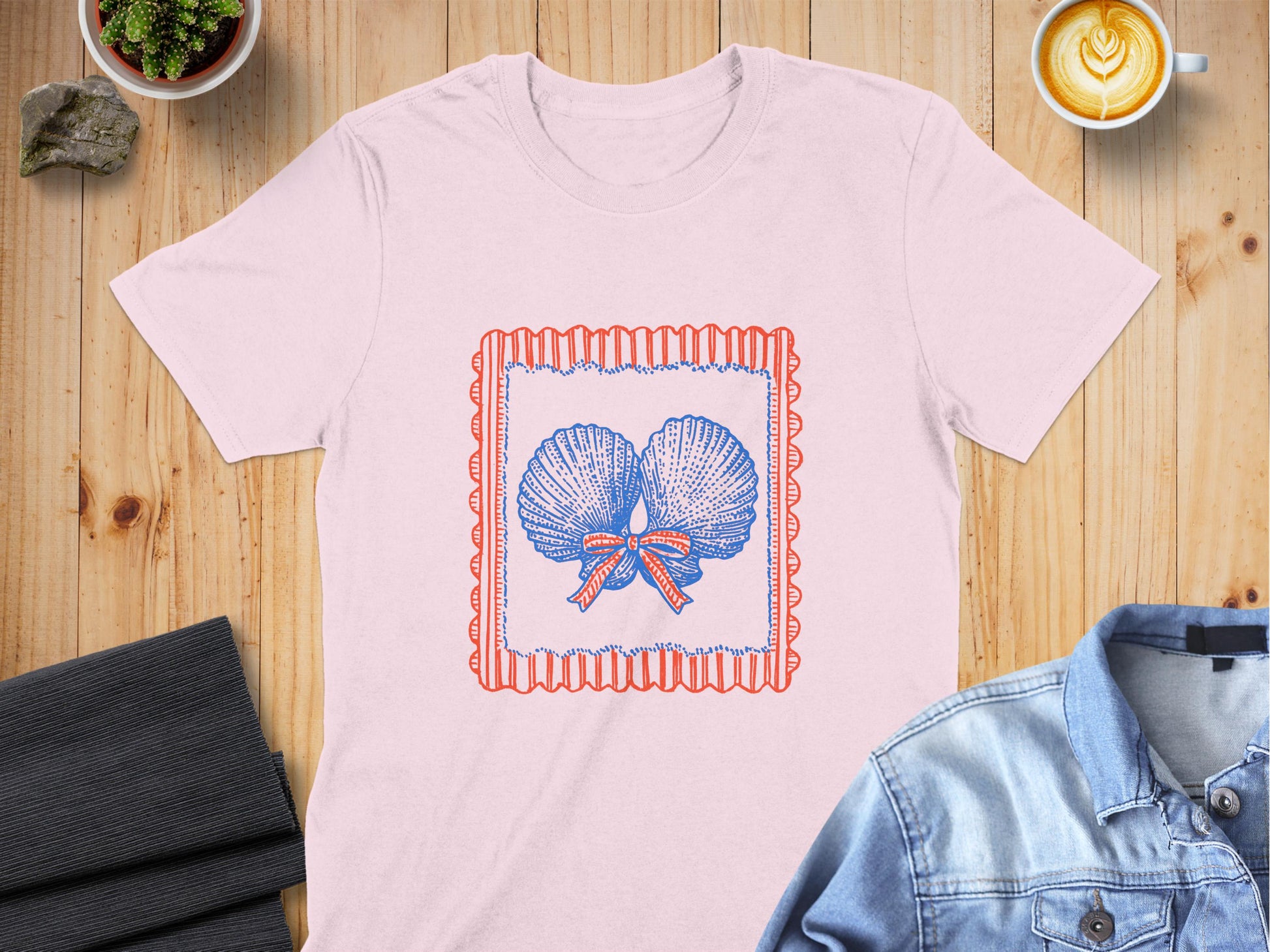 Shell Illustration with Bow on Pink Background T-shirt