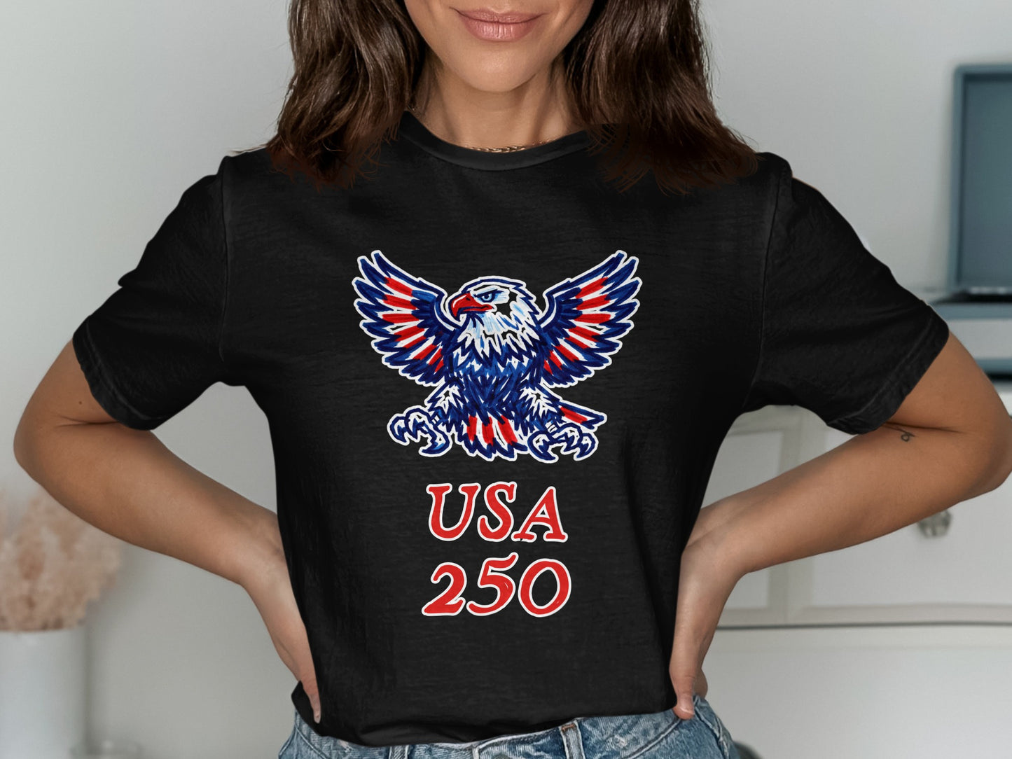 Black t-shirt with patriotic eagle and "USA 250" graphic.