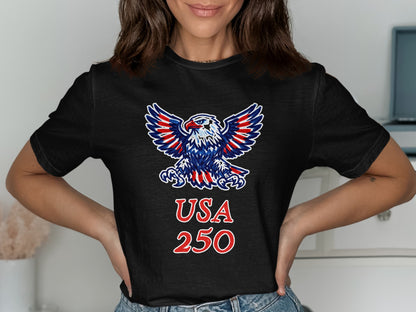 Black t-shirt with patriotic eagle and "USA 250" graphic.