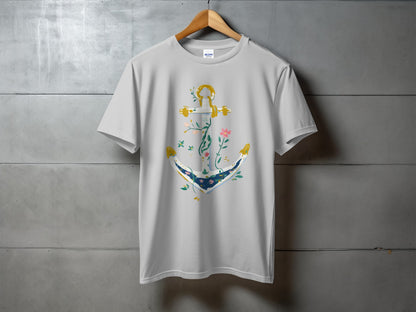 White t-shirt with a floral anchor design.