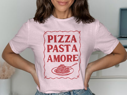 Light pink t-shirt with "PIZZA PASTA AMORE" and pasta illustration.