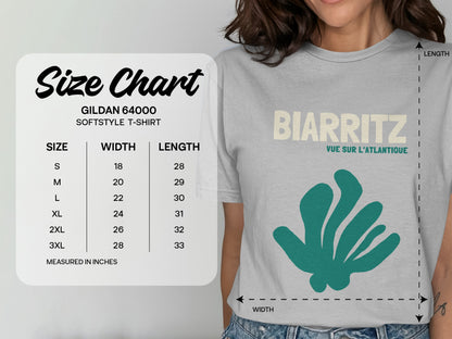 Gildan 64000 softstyle t-shirt size chart with Biarritz graphic.