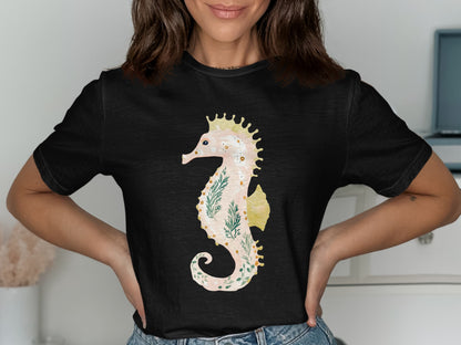 Black t-shirt with a floral seahorse graphic.