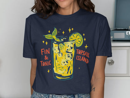 Navy t-shirt with "Fin & Tonic" and "Topsail Island" text and a cocktail graphic.