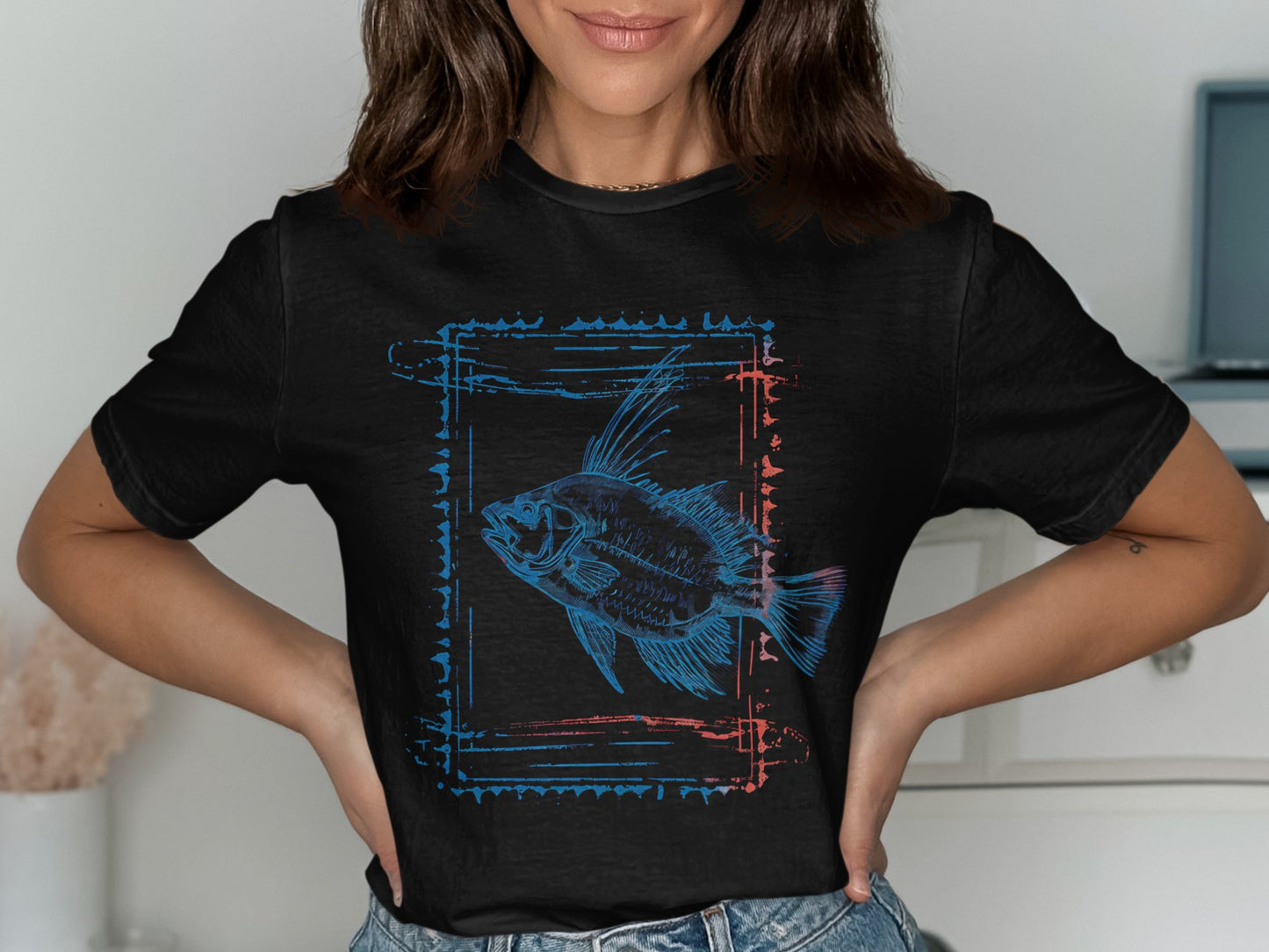 Vibrant Blue Fish Graphic Design on Black T-shirt product type