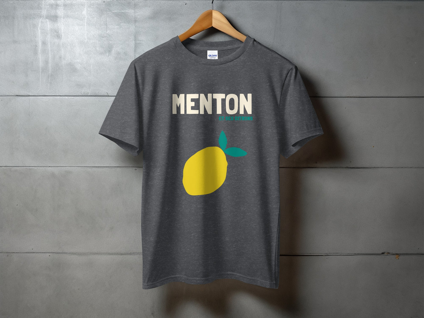 Dark grey t-shirt with yellow lemon graphic and "MENTON" text.