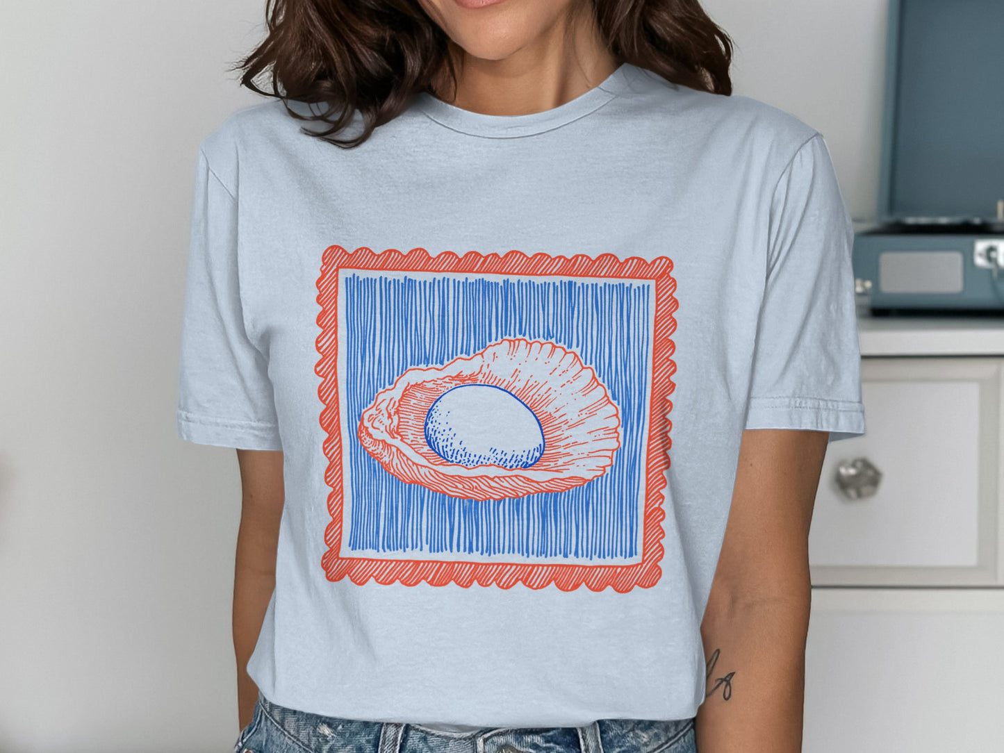 Artistic Shell Illustration Blue and Orange T-Shirt product