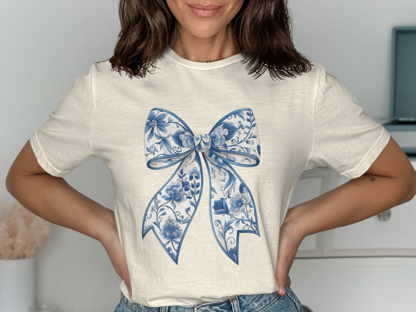 Elegant Blue Floral Bow Print Graphic T-Shirt product