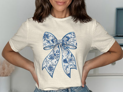 Elegant Blue Floral Bow Print Graphic T-Shirt product