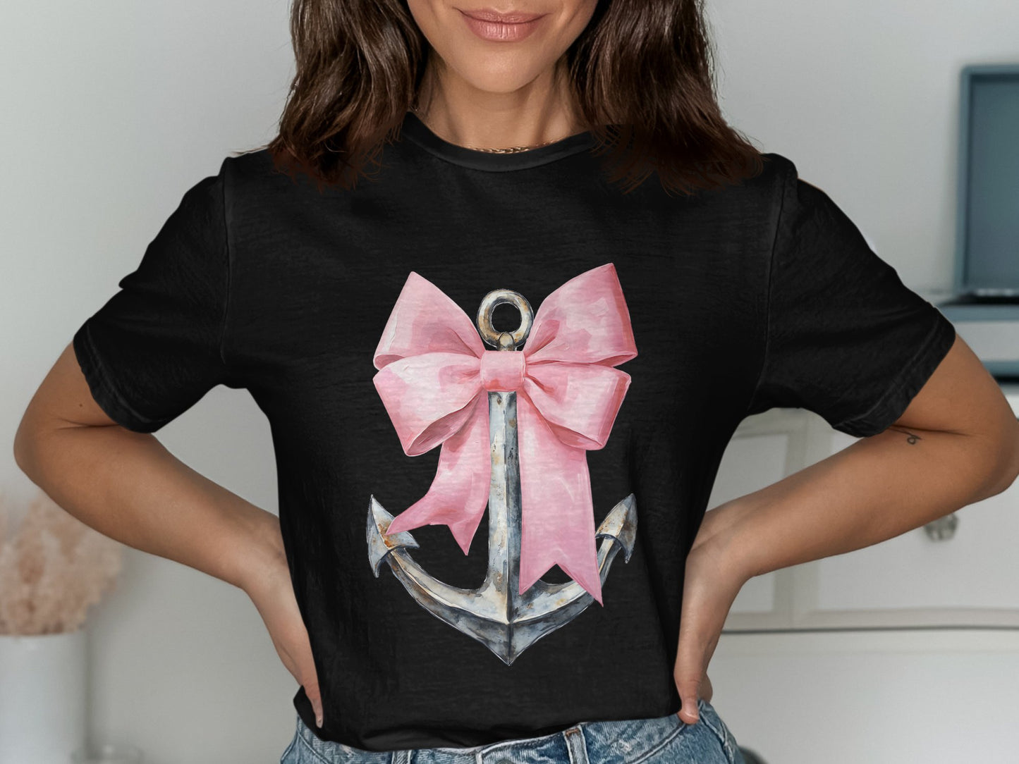 Anchor and Pink Bow Graphic Black T-shirt product