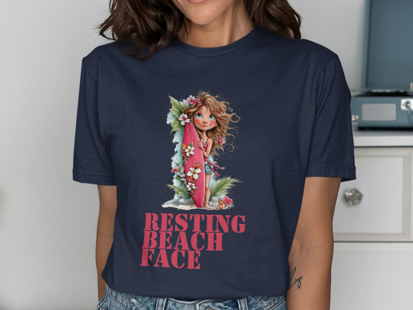 Illustration of a happy girl holding a surfboard with "RESTING BEACH FACE" text.
