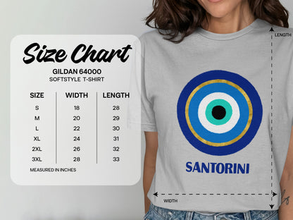 Gildan 64000 softstyle t-shirt size chart with Santorini graphic.