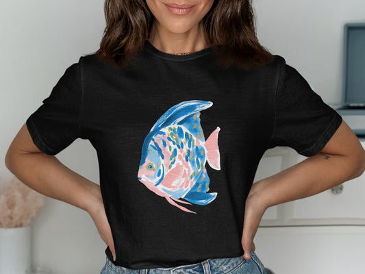 Black t-shirt with a stylized blue, pink, and orange fish graphic.